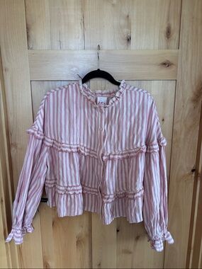 Striped Pink and cream Ruffle Button-Up Blouse raw hem
